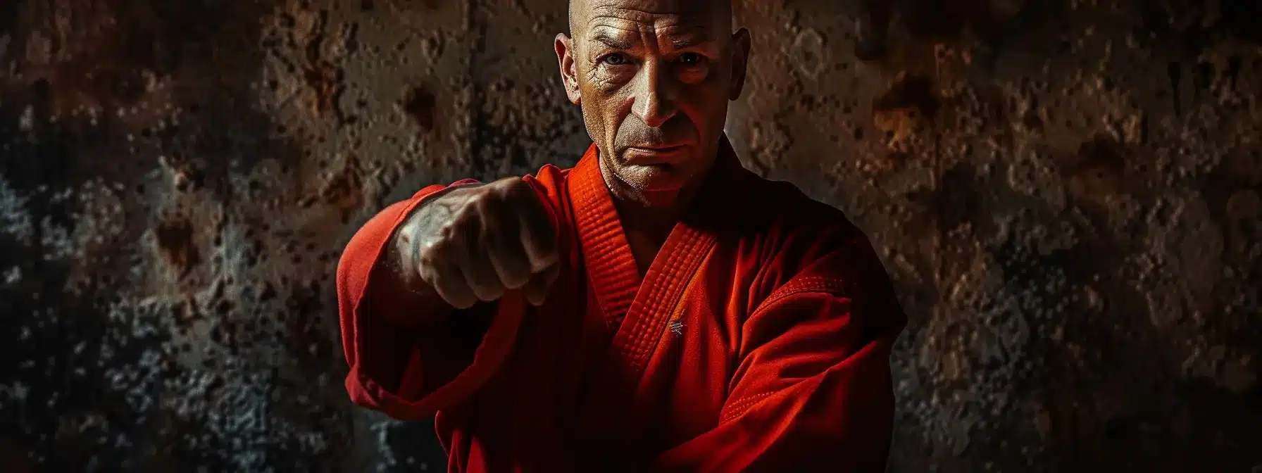 a martial arts school owner in a studio, adjusting their stance with a focused gaze on market trends to breathe new life into their offerings.