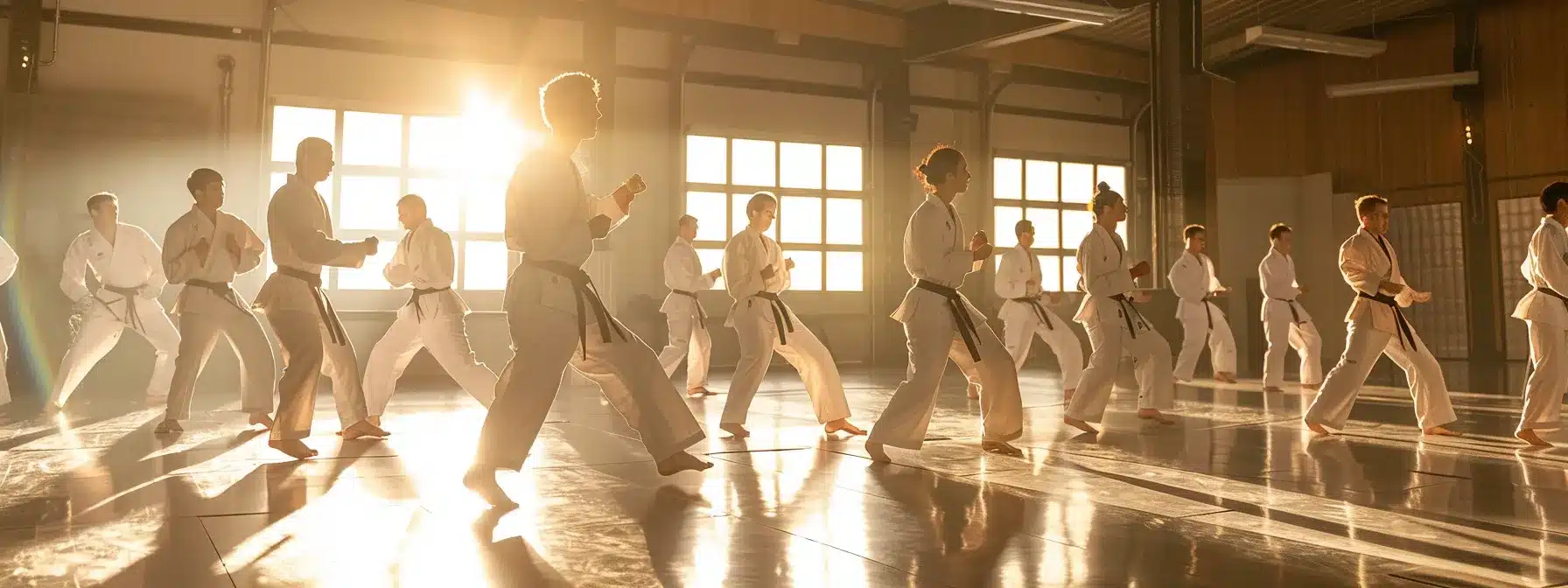 a group of assistant coaches and staff members engaging in focused training exercises in a well-equipped martial arts studio, demonstrating strong teamwork and dedication.