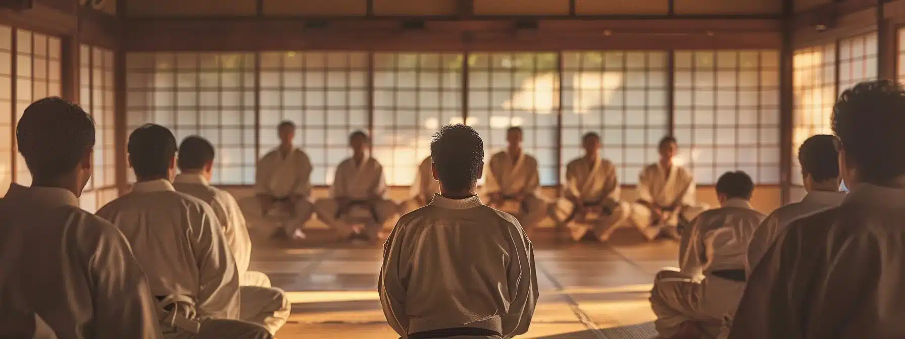 a martial arts instructor confidently leading a group of focused and dedicated students through a challenging training session in a traditional dojo setting.