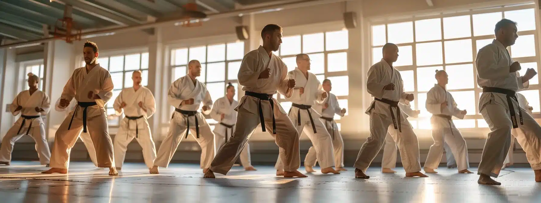 a group of enthusiastic martial arts instructors engaged in a dynamic training session, honing their skills and sharing innovative teaching strategies.