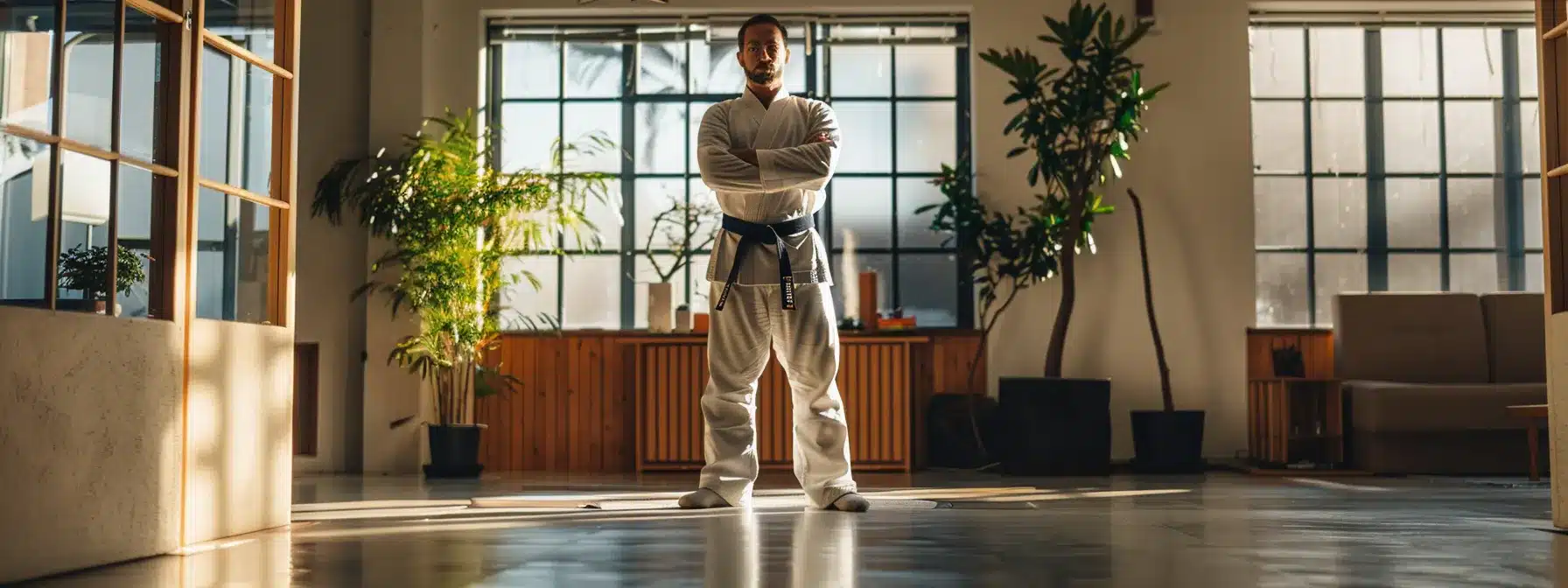 a martial arts entrepreneur standing confidently in front of a modern, thriving dojo being guided by a business coach towards a successful and strategic exit plan.