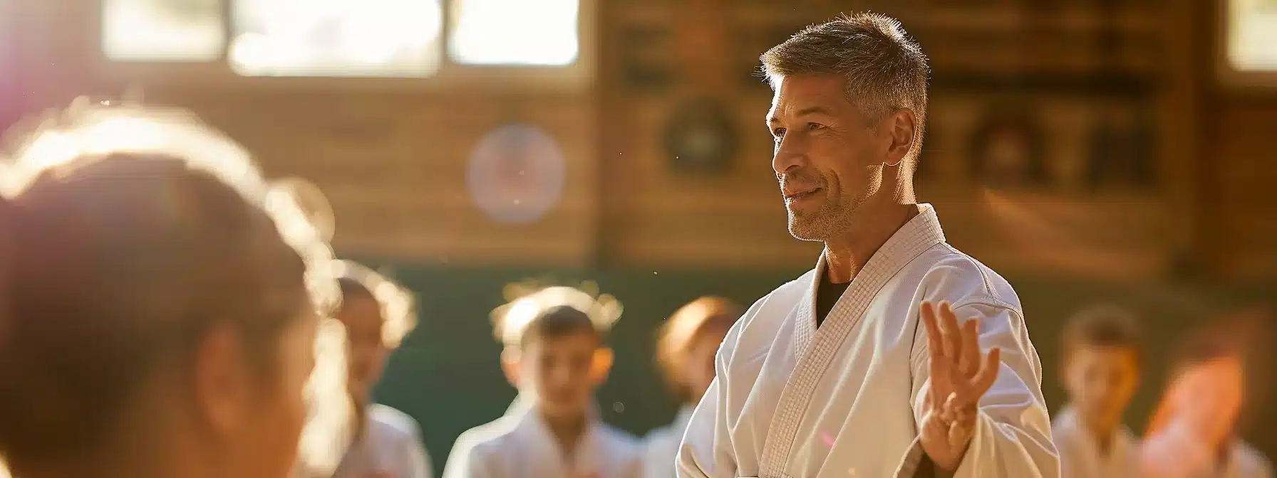 a karate instructor engaging with students in a dynamic and attentive manner, embodying effective communication and connection-building skills.