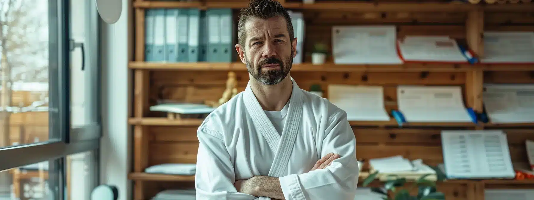 a martial arts business owner analyzing financial charts and brainstorming pricing strategies in a well-lit, organized office setting.