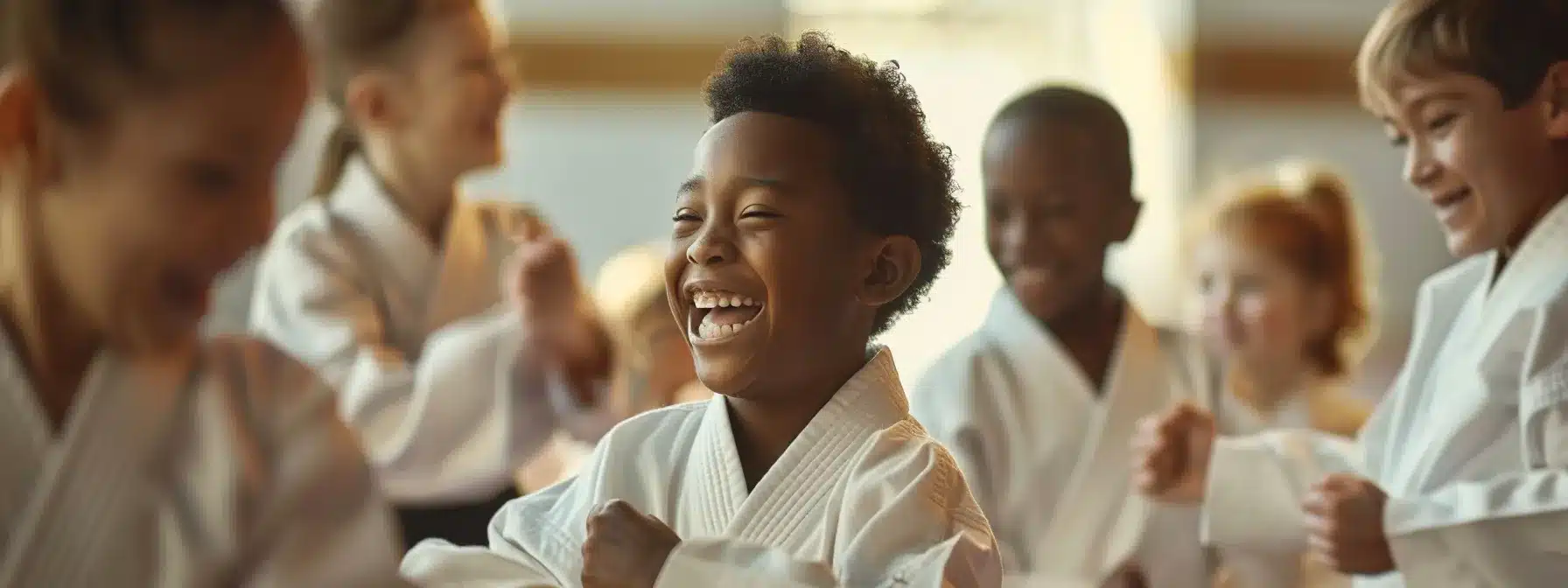 a diverse group of students of all ages and backgrounds engage in a team-building activity, smiling and laughing together in a supportive and inclusive martial arts school community.