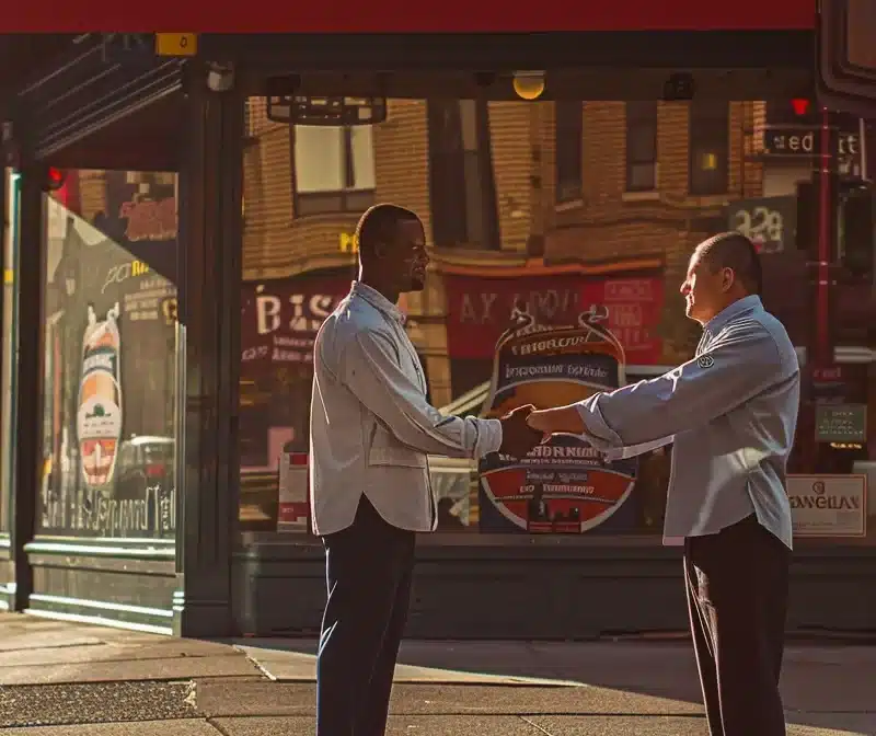 a martial arts instructor shaking hands with a local business owner in front of a storefront displaying a "partnered with" sign.