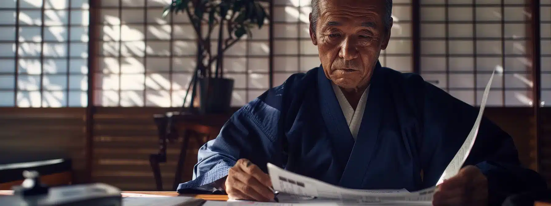 a martial arts instructor sitting at a desk, reviewing financial documents with a focused expression, surrounded by graphs and charts.