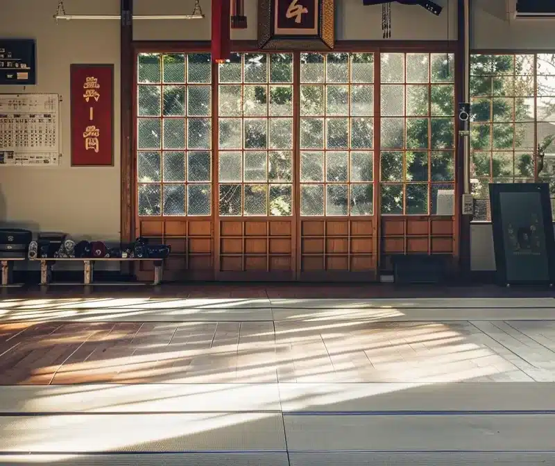 a dojo filled with neatly organized equipment and a clear training schedule displayed on the wall, showcasing efficient operations for martial arts business success.