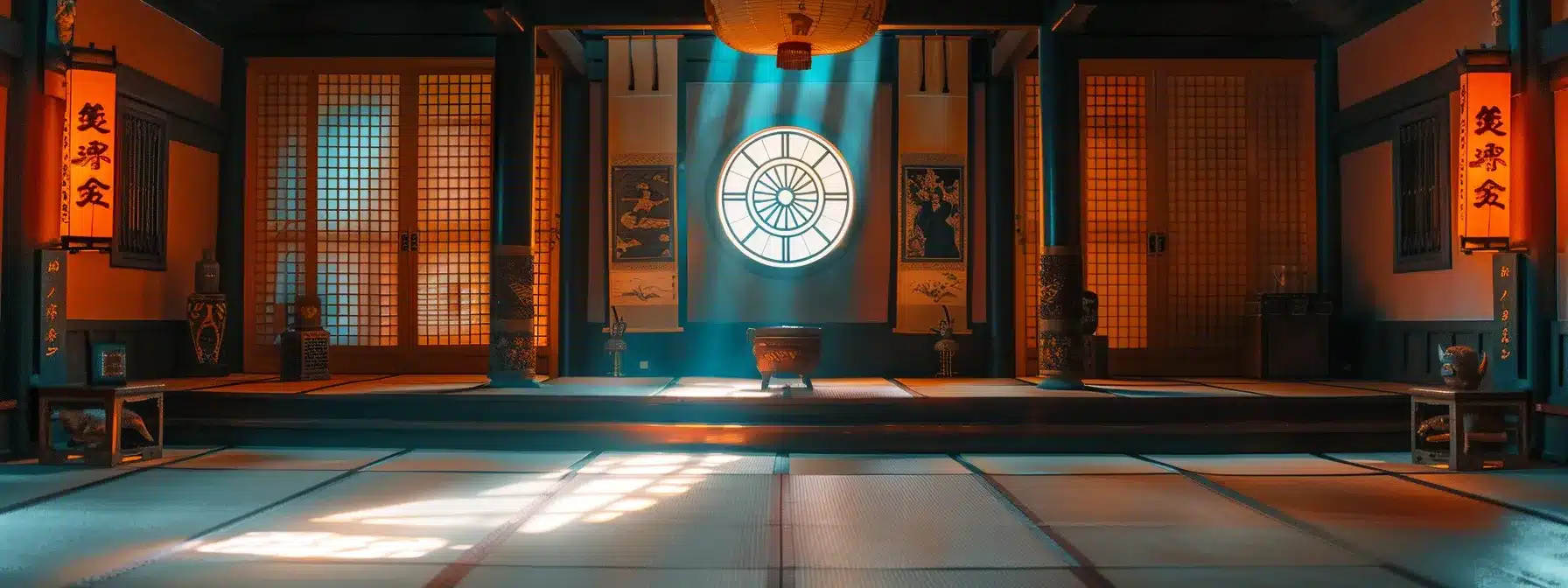 a dojo adorned with ancient symbols, illuminated by the glow of modern technology, symbolizing the fusion of tradition and innovation in martial arts.