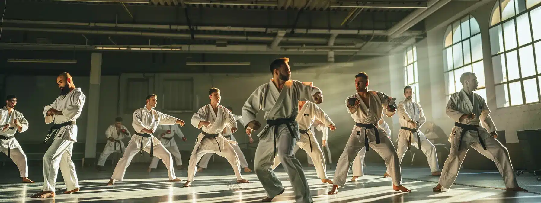 a focused instructor surrounded by graphs and charts, analyzing student retention data in a martial arts school.