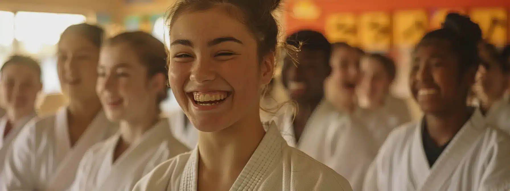 a group of diverse martial arts students of all ages laughing and bonding together in a brightly decorated dojo filled with positivity and respect.