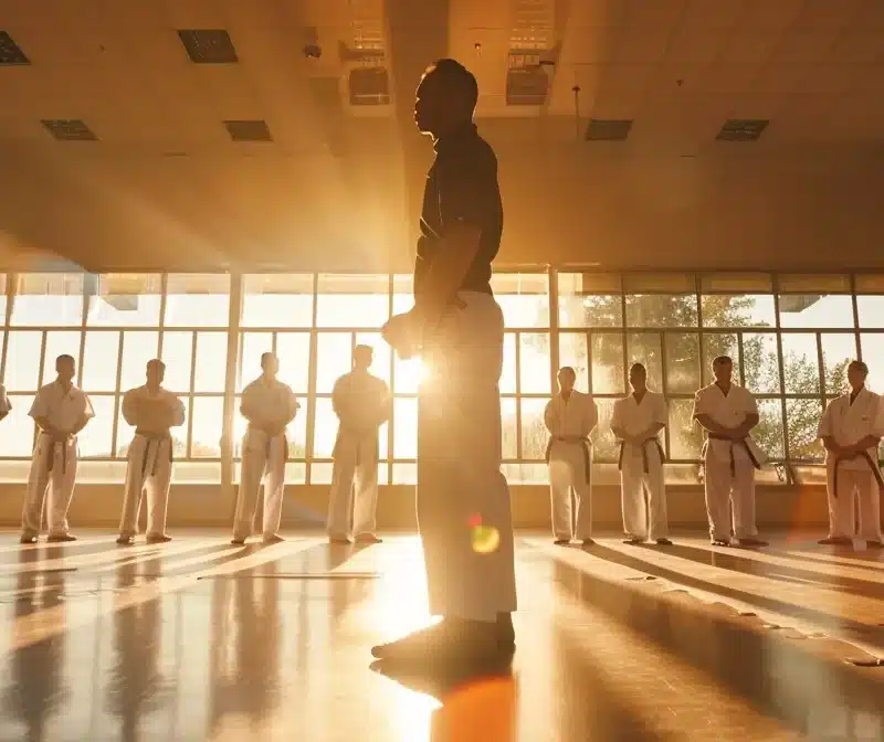 black-belt martial arts instructor teaching a diverse group of engaged students in a spacious, well-lit dojo.