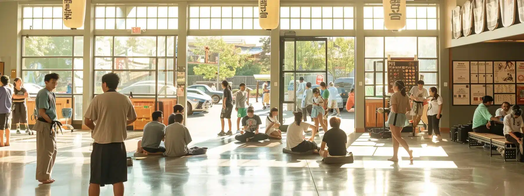 a bustling martial arts studio filled with eager students, dynamic marketing materials, active social media presence, and community event flyers.