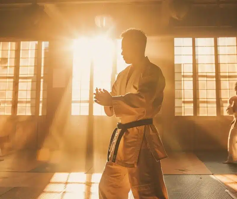 a martial arts instructor coaching students in a serene, sunlit dojo.