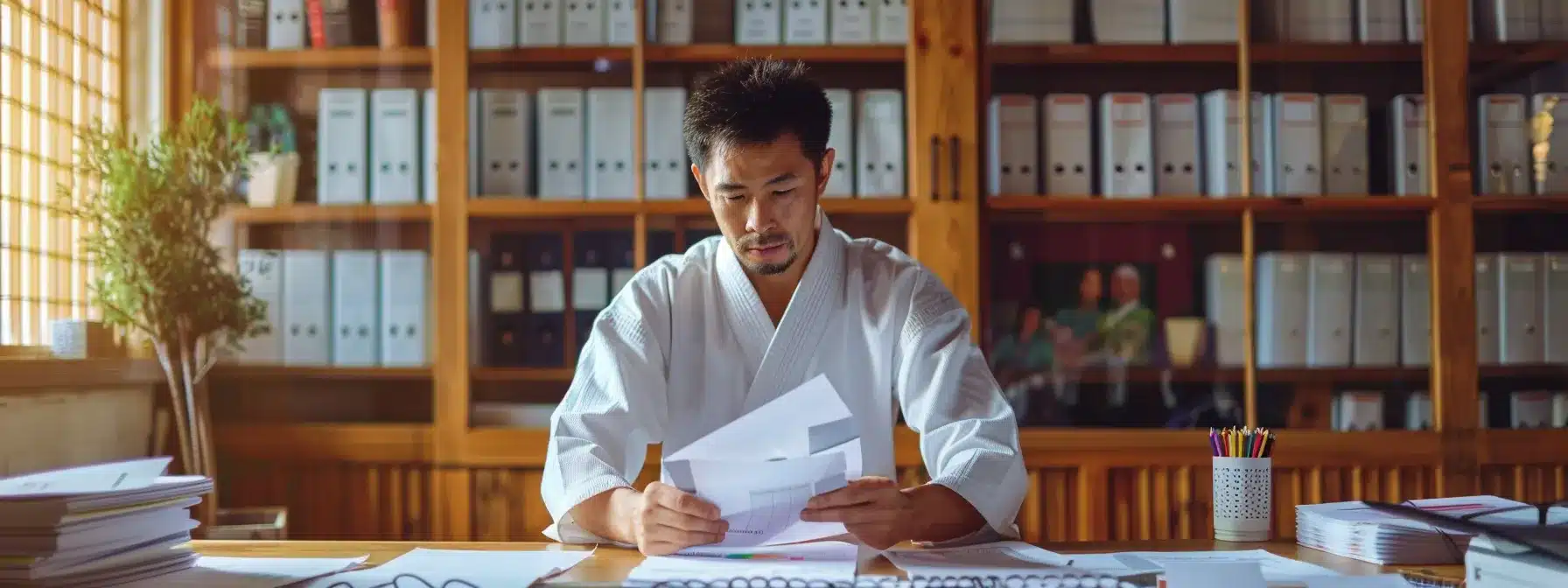 a martial arts school owner studying enrollment charts and student feedback, surrounded by a stack of marketing analytics and growth objectives on a tidy desk.