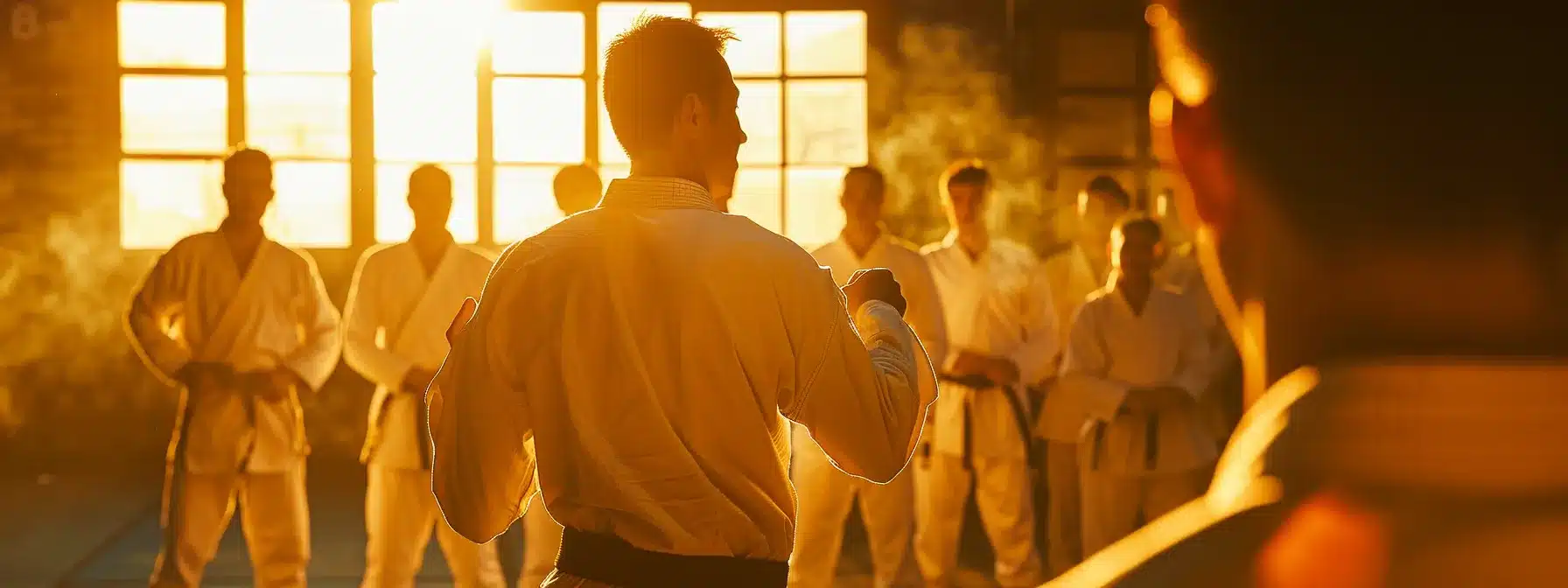 a martial arts instructor confidently guiding a group of focused students through a dynamic training session.