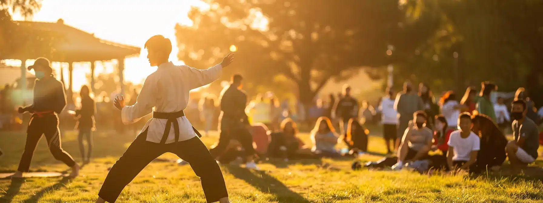 a martial arts instructor leading a free workshop in a vibrant community park, surrounded by enthusiastic participants of all ages and backgrounds.