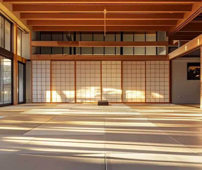 a sleek, modern dojo equipped with state-of-the-art technology for martial arts business coaching.