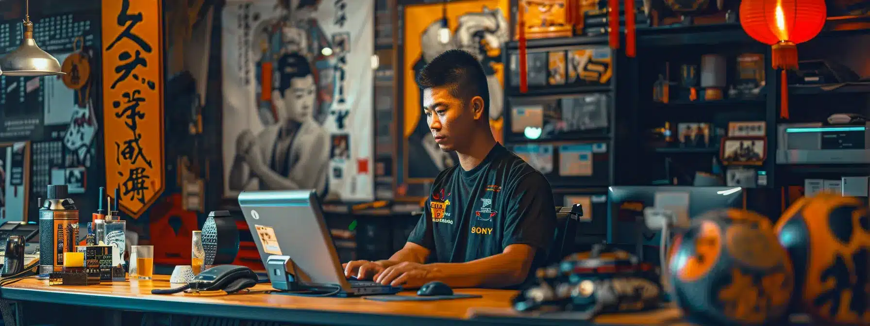 a dojo owner analyzing market trends on a modern laptop, surrounded by martial arts equipment and a poster of bruce lee.