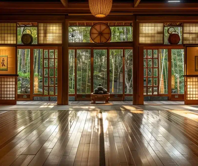 a serene dojo with bamboo flooring, traditional japanese decorations, and eco-friendly lighting showcases a sustainable model for martial arts business success.