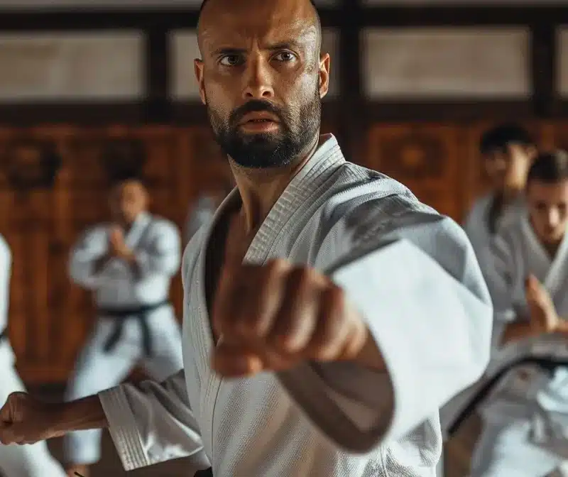 a focused martial arts coach leading a group of students in a dynamic training session.