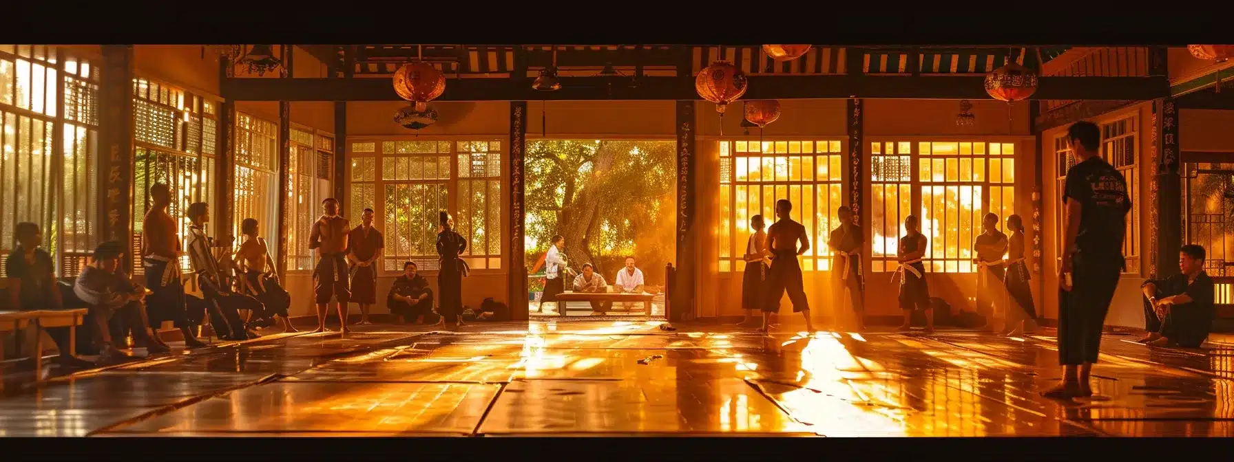 a coach training a group of martial arts instructors in a traditional dojo setting, surrounded by thai-inspired decor and equipment.