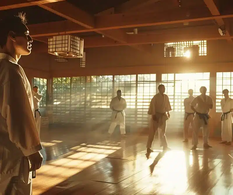 a martial arts instructor teaching a diverse group of focused students in a spacious, well-lit dojo.