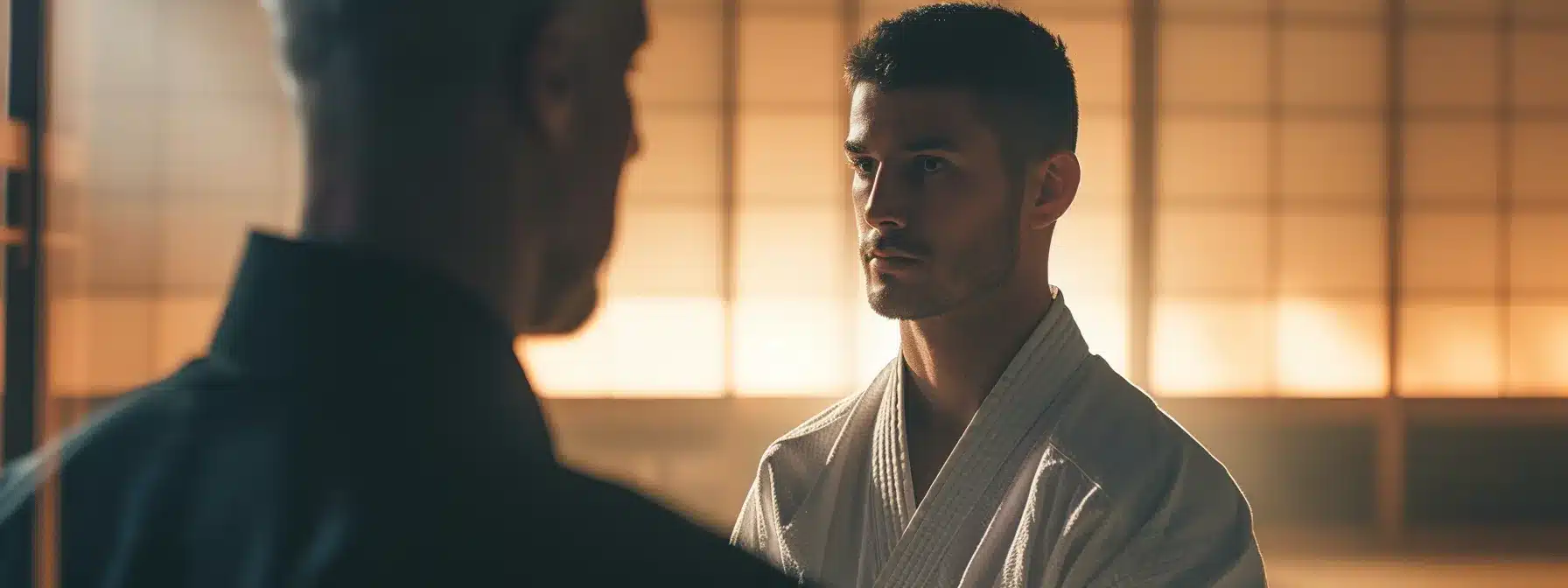 a martial arts instructor receiving business coaching in a serene dojo setting.