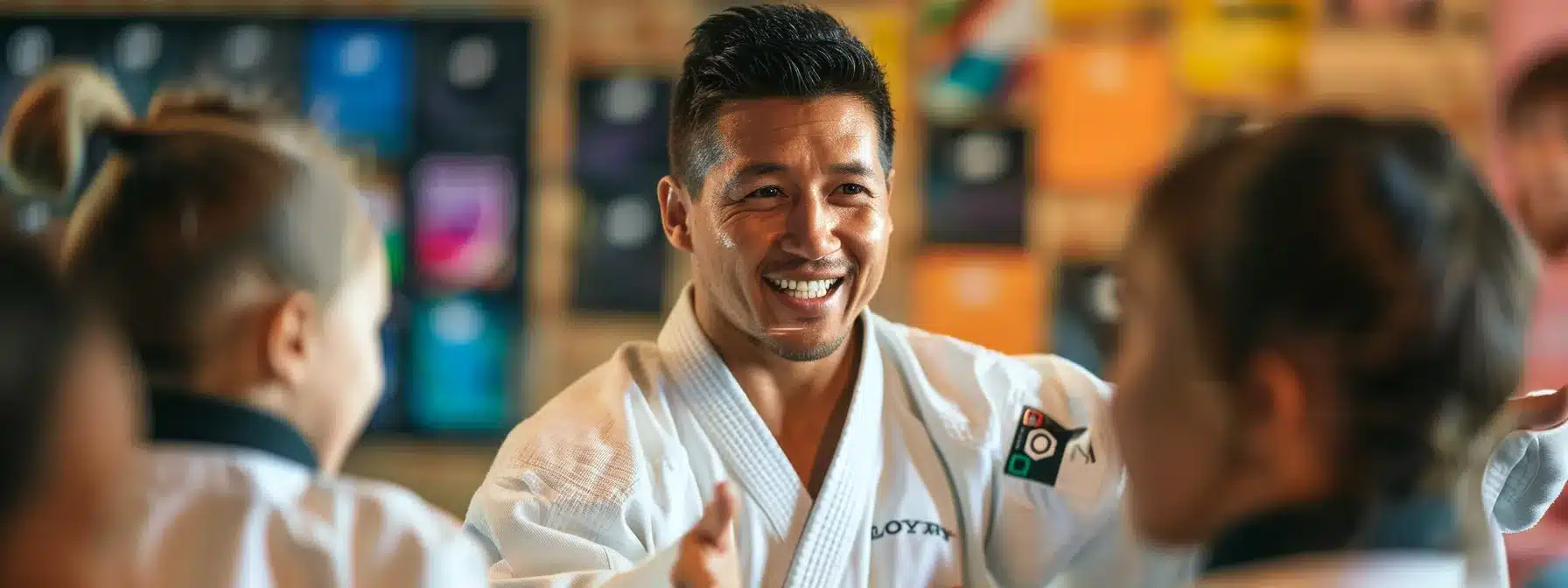 a martial arts instructor, surrounded by colorful promotional materials and social media icons, offers a special discount flyer to a group of excited students.