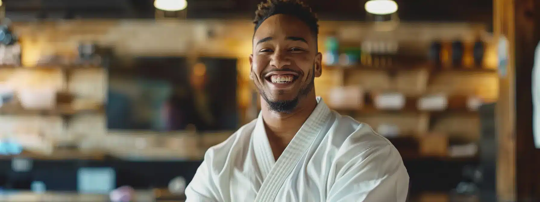 a martial arts school owner smiling proudly while reading glowing online reviews on a computer screen.